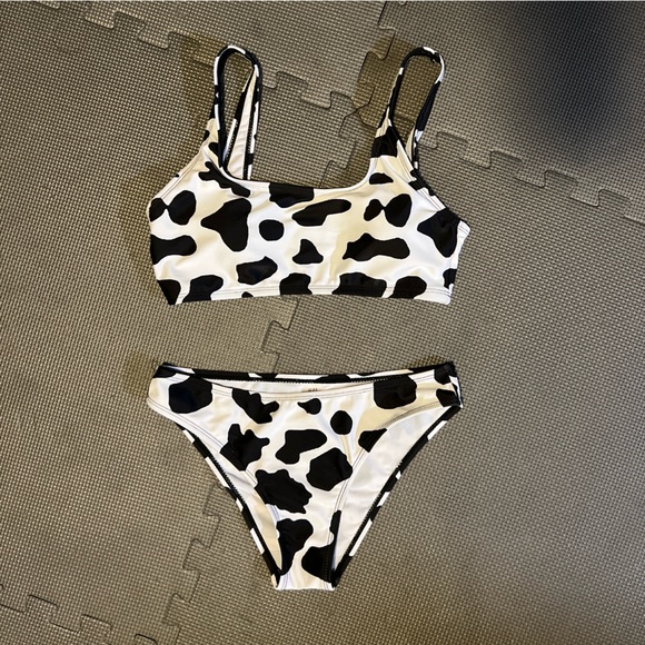 None Other - Black and White Cow Print Bikini Swim Set XS